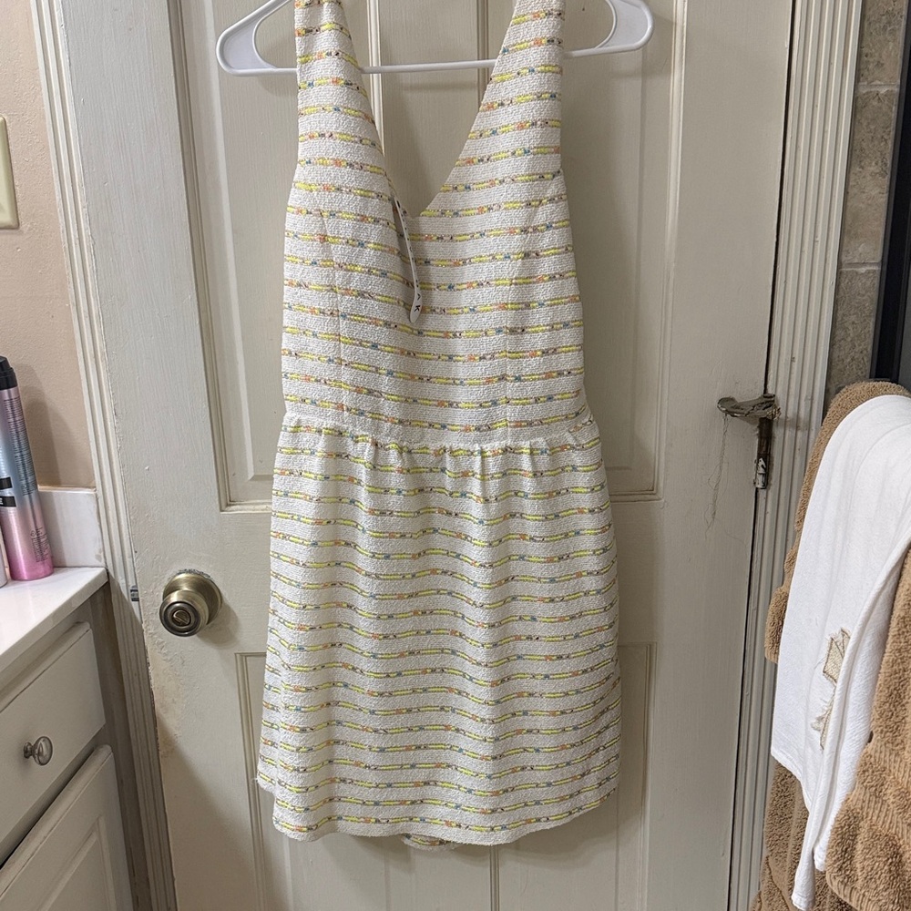 Striped Linen Style Sleeveless Dress Pastels Gold and Cream, colorful and cute